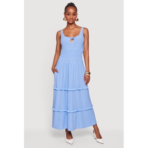 Women's Smocked Waist Ruffle Trim Midi Dress