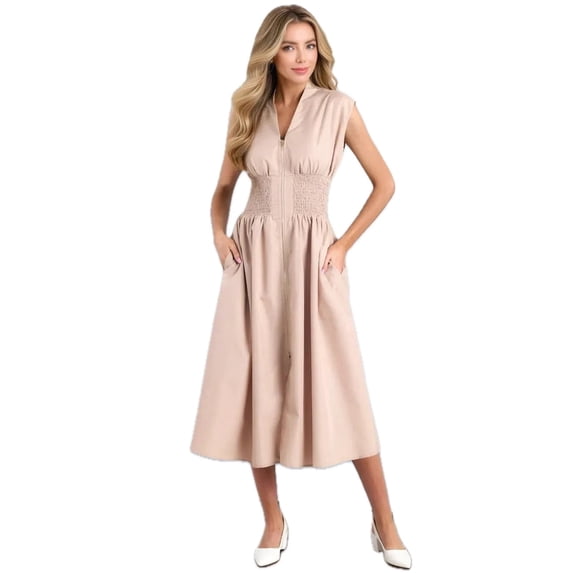 Women's Smocked Zip Front Cap Sleeve Dress 100% Polyester Sheer Bodice Unlined Easy Fit Everyday Wear Elegant Chic