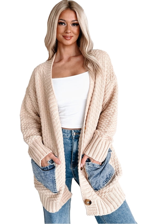 Women's Smoke Gray Open Front Knitted Cardigan – Patchwork Denim Pockets for Daily Casual Wear | XL
