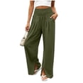 thumbnail image 1 of Women's Smoked High Waist Wide Leg Pants Slit Hem Casual Beach Vacation Flowy Trousers with Pockets Lightweight Loungewear Pants Army Green, 1 of 8
