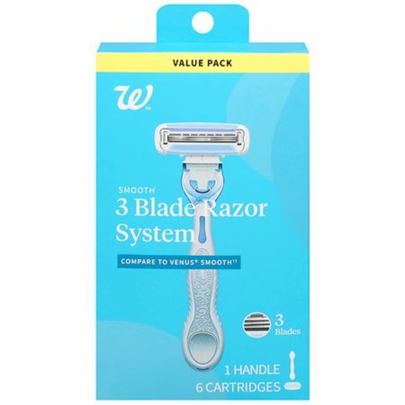 Women's Smooth 3 Blade Razor System with 6 Cartridges, Contoured Handle, Lubricating Strip with Vitamin E & Cocoa Butter