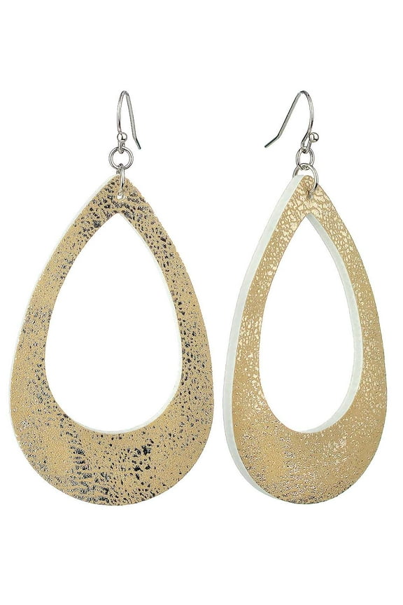 Women's Smooth Faux Leather Hollow Teardrop Dangle Pierced Earrings, Metallic Gold