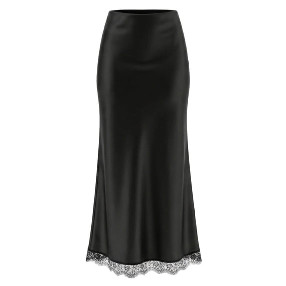 Women's Smooth Satin Lace Skirt, Casual Chic Glossy Lace Hem A-Line Midi Skirt, Elegant Office Slip Skirt with Delicate Lace Edge