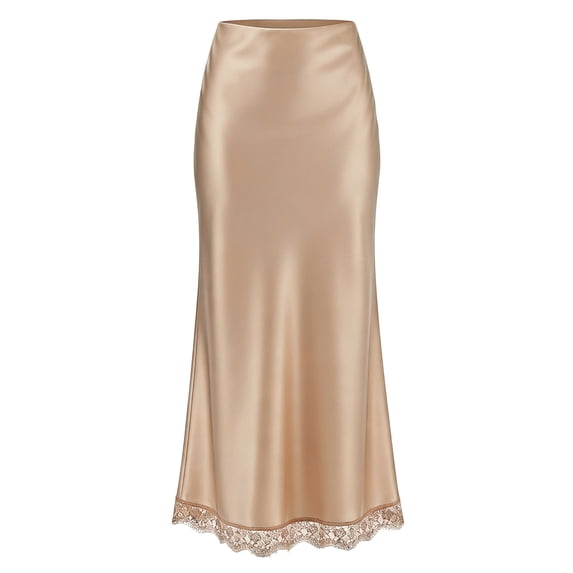 Women's Smooth Satin Lace Skirt, Casual Chic Glossy Lace Hem A-Line Midi Skirt, Elegant Office Slip Skirt with Delicate Lace Edge