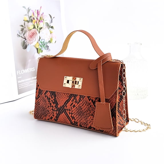 Women's Snake Print Color Block Chain Crossbody Bag Mini Top Handle Satchel With Gold Lock Clasp Pu Leather Handbag Elegant Travel Fashion Purse