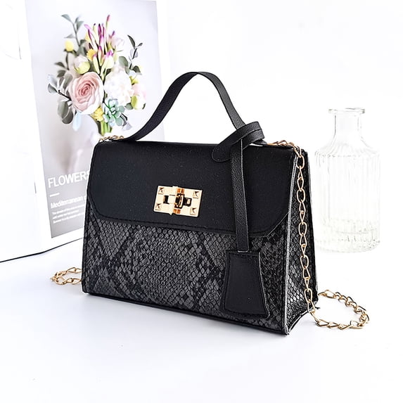 Women's Snake Print Color Block Chain Crossbody Bag Mini Top Handle Satchel With Gold Lock Clasp Pu Leather Handbag Elegant Travel Fashion Purse