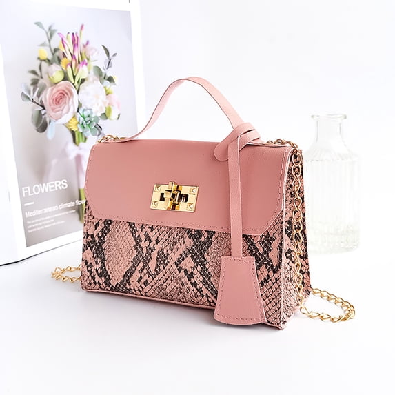 Women's Snake Print Color Block Chain Crossbody Bag Mini Top Handle Satchel With Gold Lock Clasp Pu Leather Handbag Elegant Travel Fashion Purse