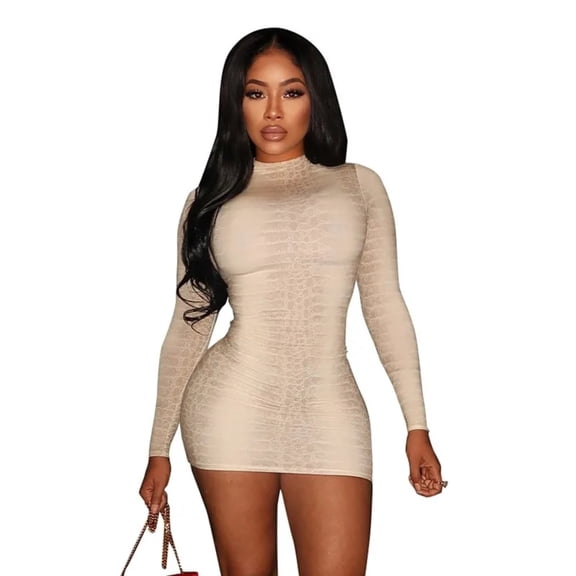 Women's Snake Print O-Neck Long Sleeve Hips Wrapped Mini Dress, Sexy