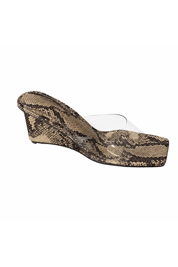 Women’s Snake Print Wedge Slide Sandals, Clear Strap Open Toe Slip On Heels