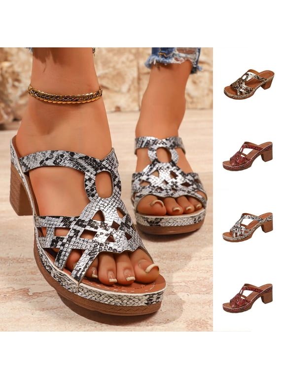 Women's Snakeskin Print Block Heel Sandals Peep Toe Chunky Heel Platform Mules for Women Casual Summer Beach Sandals Wide Width