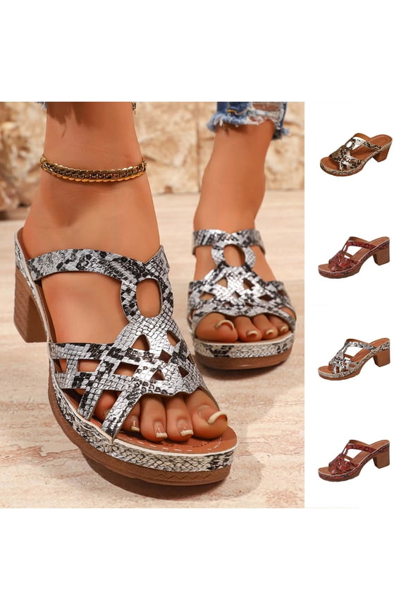 Women's Snakeskin Print Block Heel Sandals Peep Toe Chunky Heel Platform Mules for Women Casual Summer Beach Sandals Wide Width