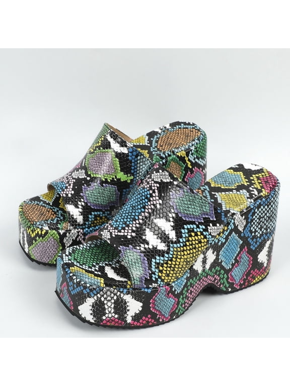 Women's Snakeskin Print Platform Mule Sandals, Open Toe Chunky Block Heel Slides