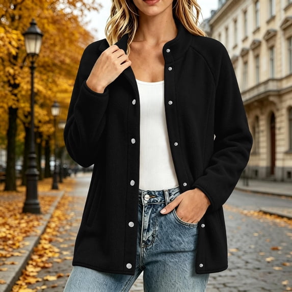 Women's Snap Button Fleece Jacket Stand Collar Long Sleeved Casual Coat With Pocket For Winter Black S