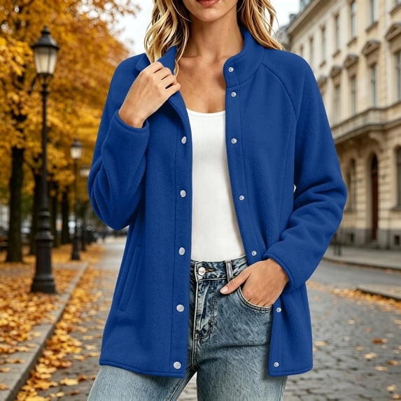 Women's Snap Button Fleece Jacket Stand Collar Long Sleeved Casual Coat With Pocket For Winter Dark Blue L