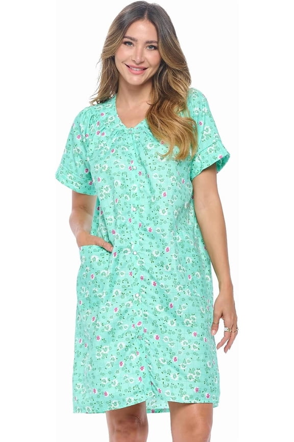 Women's Snap - Front House Dress Short Sleeve Woven Housecoat Duster Lounger Robe with Pockets