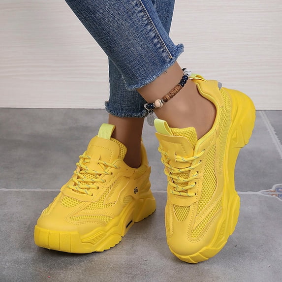 Women's Sneakers Low-top Women's Breathable Solid Color Mesh Sneakers, Lace Up Platform Casual Trainers