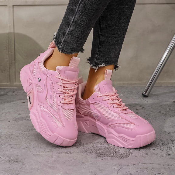 Women's Sneakers Low-top Women's Breathable Solid Color Mesh Sneakers, Lace Up Platform Casual Trainers