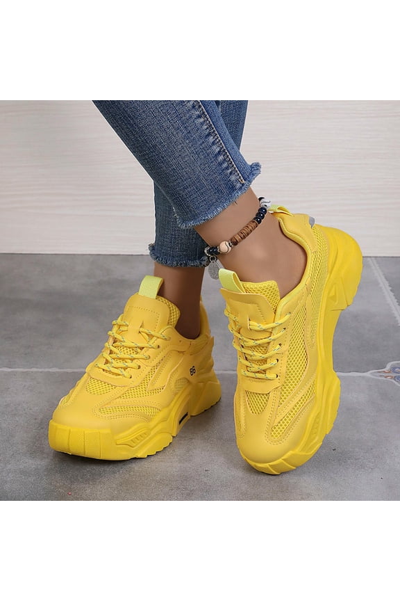 Women's Sneakers Low-top Women's Breathable Solid Color Mesh Sneakers, Lace Up Platform Casual Trainers