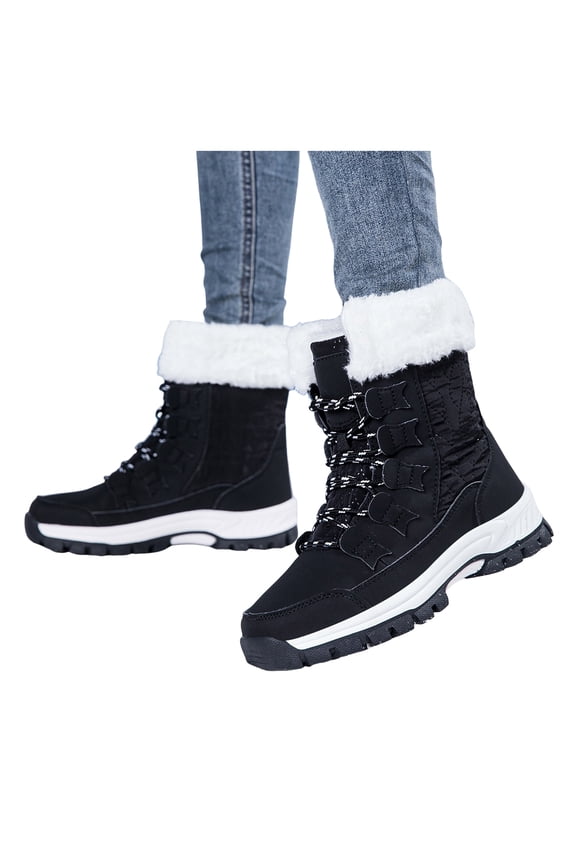 Women's Snow Black Boots Waterproof Warm Fleece Lined Mid Calf Winter Booties Comfortable Non Slip Hiking Work Shoes Size 7.5