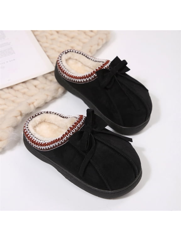 Women's Snow Boot Slipper Mules with Fleece Lining, Memory Foam Insole, Suede Bow Indoor Outdoor Winter Shoes
