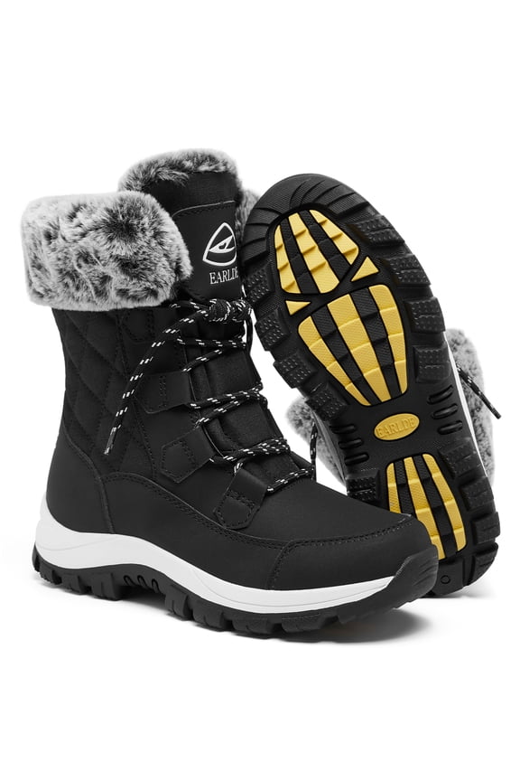 Women’s Snow Boot With Waterproof Lace Up Mid-Calf Outdoor Winter Deep Tread Rubber Sole