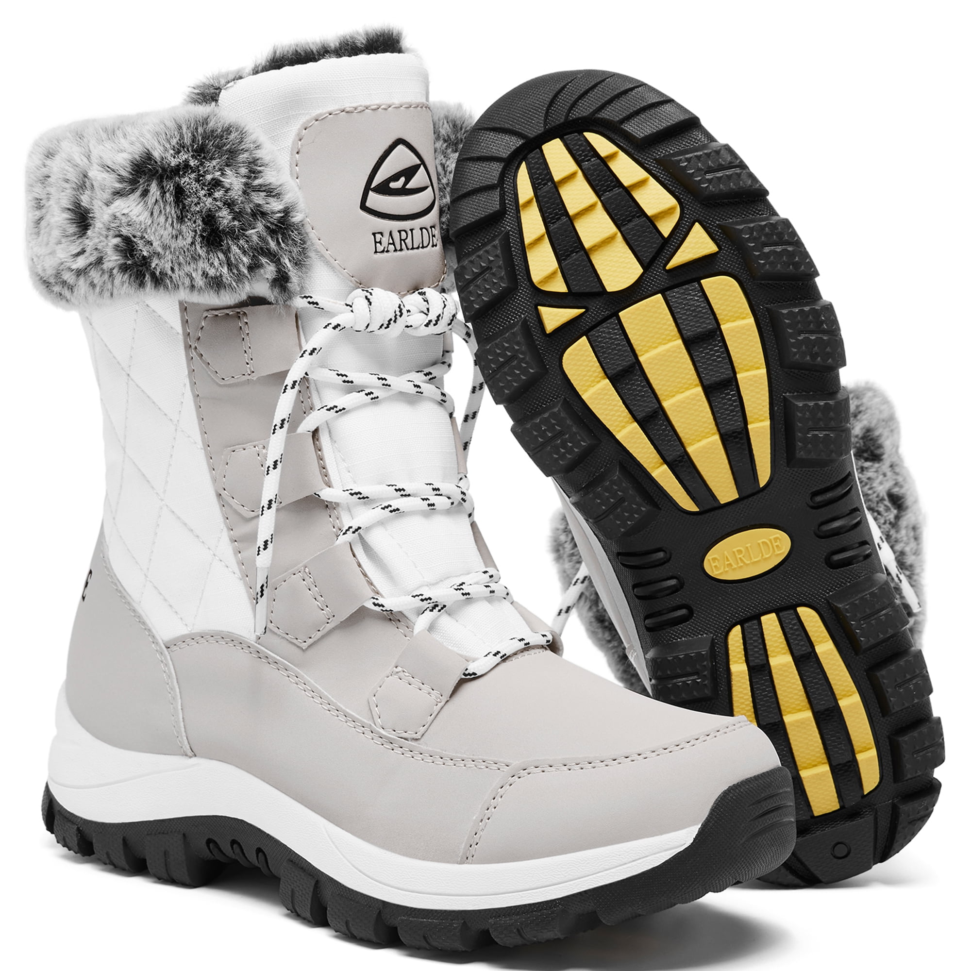 Women's Waterproof Snow Boots - Mid-Calf Lace Up Winter Boots With Deep Tread Sole, Gray Camo