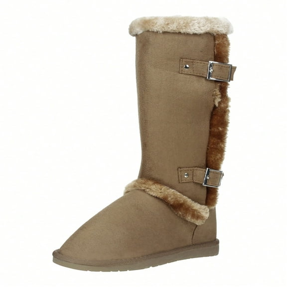 Women's Snow Boots Fleece Lined Solid Color Mid-Calf Flat Snow Boots For Winter Mid Calf Winter Snow Boots With Buckle