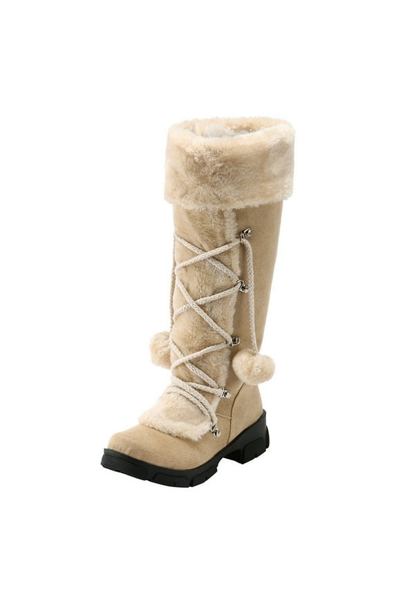Women's Snow Boots Keep Warm Hairball Retro High Zipper Toe Booties Heels Comfortable Stylish Footwear for Winter Days