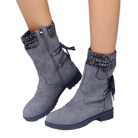 Women's Snow Boots,Snowy Waterproof Mid Calf Zipper Boots,Winter Warm Back Lace Up Boots For Women