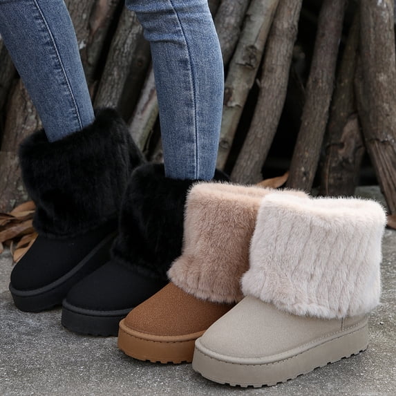 Women's Snow Boots, Warm Fuzzy Lined Short Booties with Platform Sole