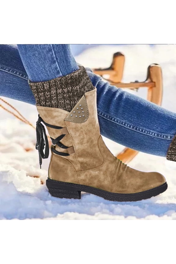 Women's Snow Boots Warm Round Toe Lace Up Boot Cowboy Boots (Khaki 37)