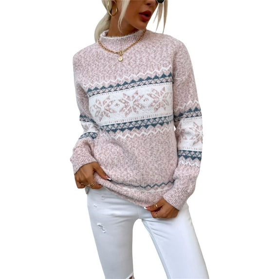 Women’s Snowflake Christmas Sweater Casual Long Sleeve Knitted Pullover Sweaters Crewneck Loose Jumper Tops