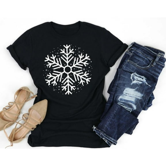 Women's Snowflake Graphic Tee, Christmas T-Shirt For Women, Holiday Gift Top, Cozy Winter Shirt, Casual Short Sleeve Shirt, Causal，cotton,black,S-5XL