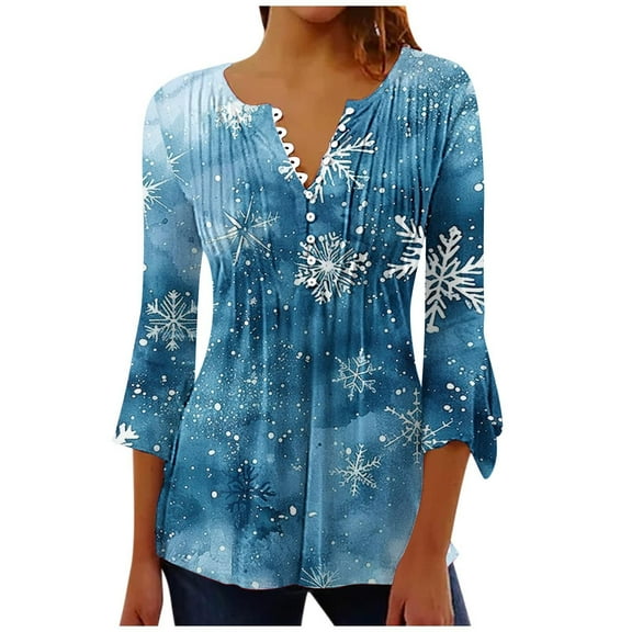 Women’s Snowflake Print 3/4 Sleeve Pleated V Neck Button Tunic Shirts Casual Christmas Holiday Blouse Relaxed Fit T Shirts Long Short Sleeve Crew V Neck Festival Vacation Tops for All Seasons