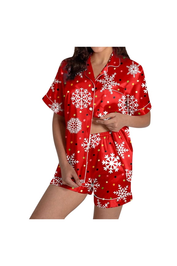 Women's Snowflake Print Short Sleeve Pajama Set Cozy Christmas Sleepwear Soft Comfortable Wear Nightwear