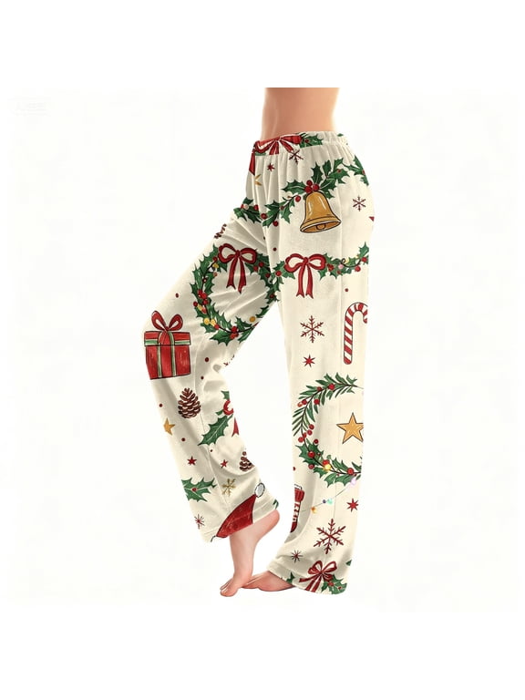 Women's Snowflake and Christmas Tree Flannel Pajama Pants, Sleepwear - White - L