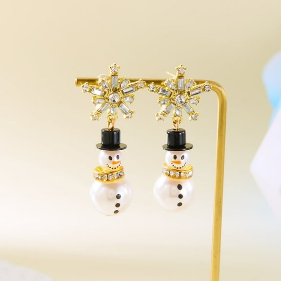 Snowman Crystal, Pearl Christmas Earrings