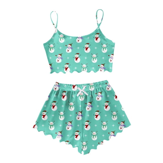 Women's Snowman Print Sleepwear Set Sleeveless Vest and Shorts Lightweight Two Piece Pajamas for Cozy Comfort
