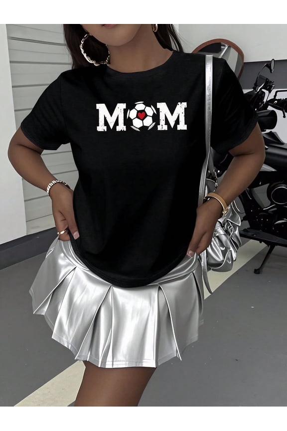 Women's Soccer Mom T-Shirt Retro Graphic Short Sleeve Crewneck Top Athletic Football Heart Letter Print Tee Casual Summer Sporty Fashion Outfit