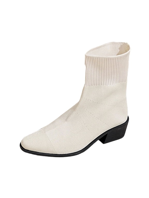 Women's Sock Boots Knit Mesh Pointed Toe Chunky Heel Martin Style Ankle Boots