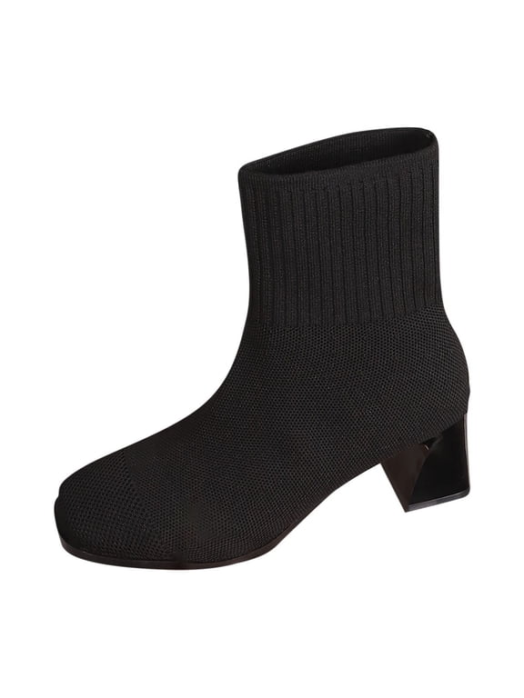 Women's Sock Boots Knit Mesh Round Toe High Heel Stretch Ankle Booties