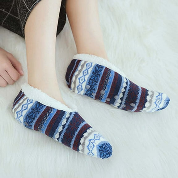 Women's Sock Slippers Non Winer Sandals Cute Cozy Striped Fuzzy Warm Indoor Outdoor House Shoes (Navy One Size)