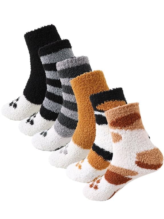 Women's Socks 6 Pairs Fall Winter Cute Cat Pattern Socks Multicolor, 6-Pack Home Sleeping Warm Socks