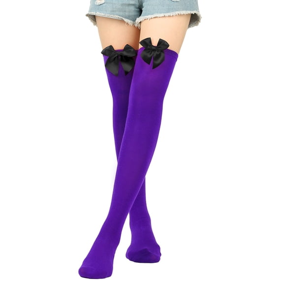 Women's Socks Casual Long Bowknot Pure Color Thigh High Over The Knee Festival Christmas Breathable Socks for Women Purple