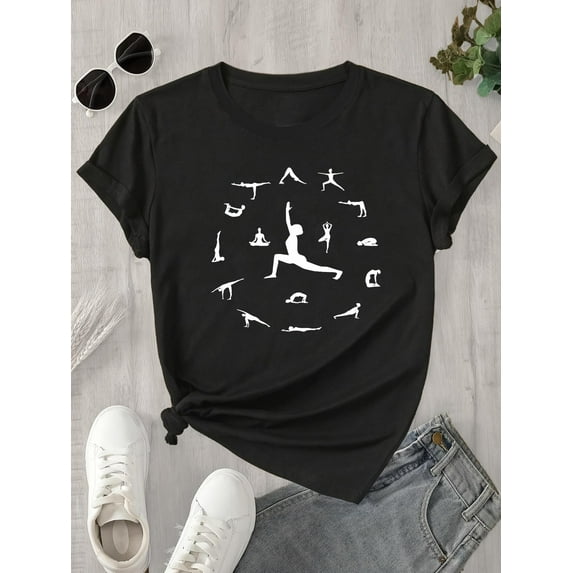 Women's Soft 100% Cotton Yoga Graphic Tee - Short Sleeve, Black with White Yoga Pose Print, Casual & Comfortable Activewear for Spring/Summer, Summer Tshirt | Artistic Print Top | Relaxed Fit Top