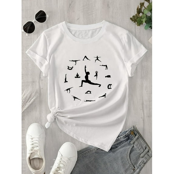Women's Soft 100% Cotton Yoga Graphic Tee - Short Sleeve, Black with White Yoga Pose Print, Casual & Comfortable Activewear for Spring/Summer, Summer Tshirt | Artistic Print Top | Relaxed Fit Top