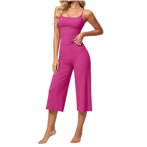 Women's Soft 2 Piece Athletic Outfits Solid Color Crop Cami Tops and Stretch Capri Wide Leg Pants Daily Workout Yoga Matching Sets Hot Pink
