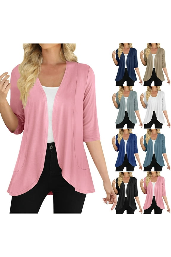 Women's Soft 3/4 Sleeve Cardigan Open Front Casual Sweater Jacket Lightweight Loose Fit Knit Top for Spring Fall | CSEONE,Black XL