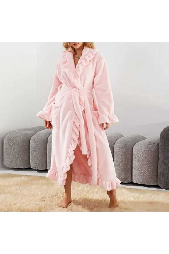 Women's Soft Ankle-Length Fleece Bathrobe Winter Fashion Ruffle Hem Thickened Sleepwear Robes with Side Pockets New Pinky L
