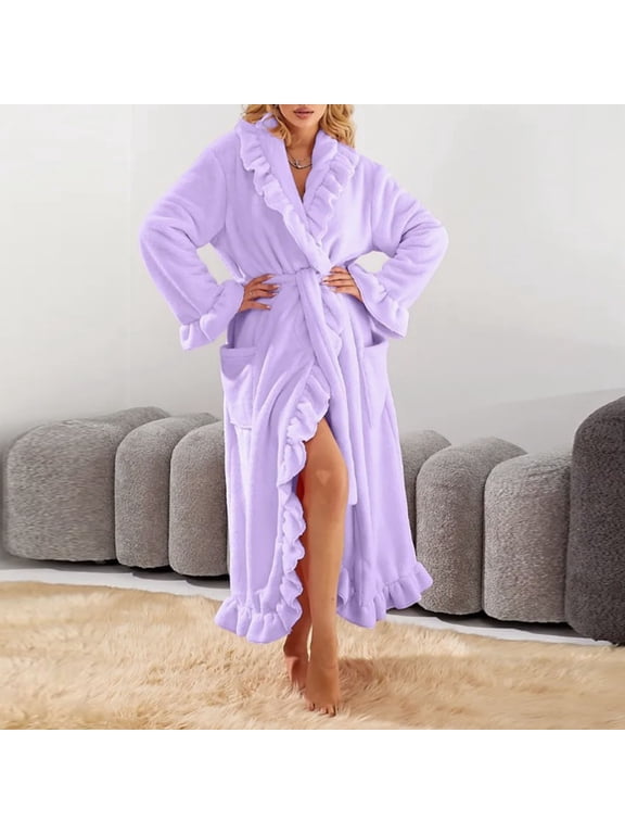 Women's Soft Ankle-Length Fleece Bathrobe Winter Fashion Ruffle Hem Thickened Sleepwear Robes with Side Pockets New Purple XL